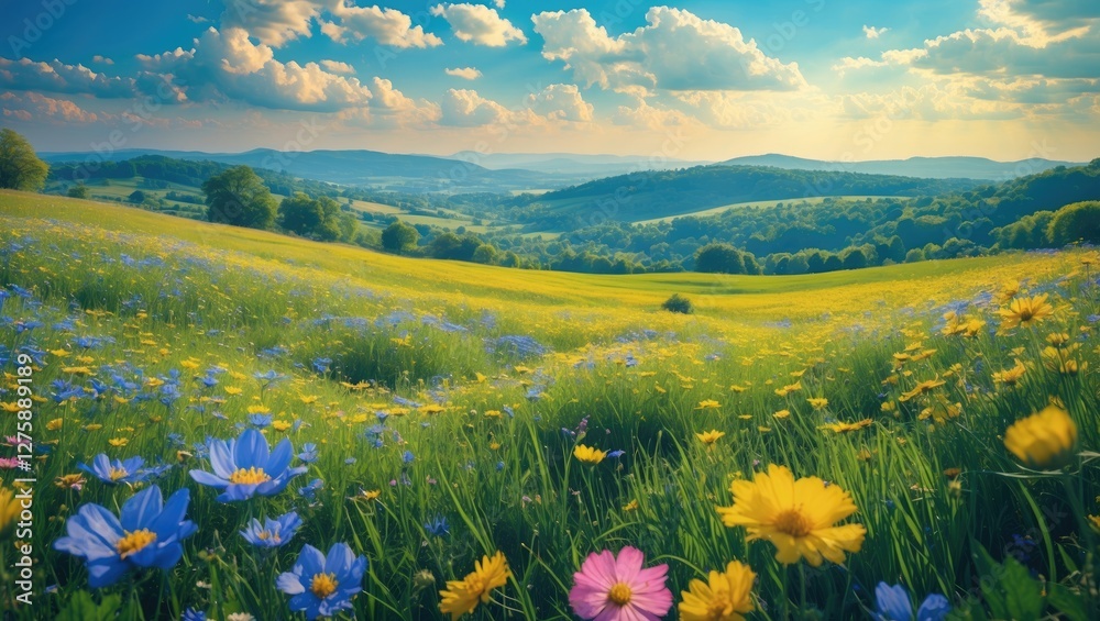 Obraz premium Scenic Meadow with Vibrant Wildflowers Under Azure Sky and Soft Clouds in Summer Perfect for Text Overlay and Nature Themes