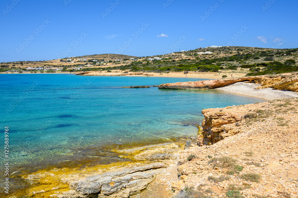 Koufonisia Fanos beach with clear water and rock formations. The south of Koufonisi. Small Cyclades, Greece