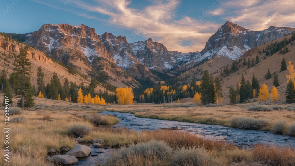 Scenic View of Sawtooth National Recreation Area at Sunset with Lush Landscape and Empty Space for Text or Graphics Scenic View of Sawtooth National Recreation Area at Sunset with Lush Landscape and Empty Space for Text or Graphics