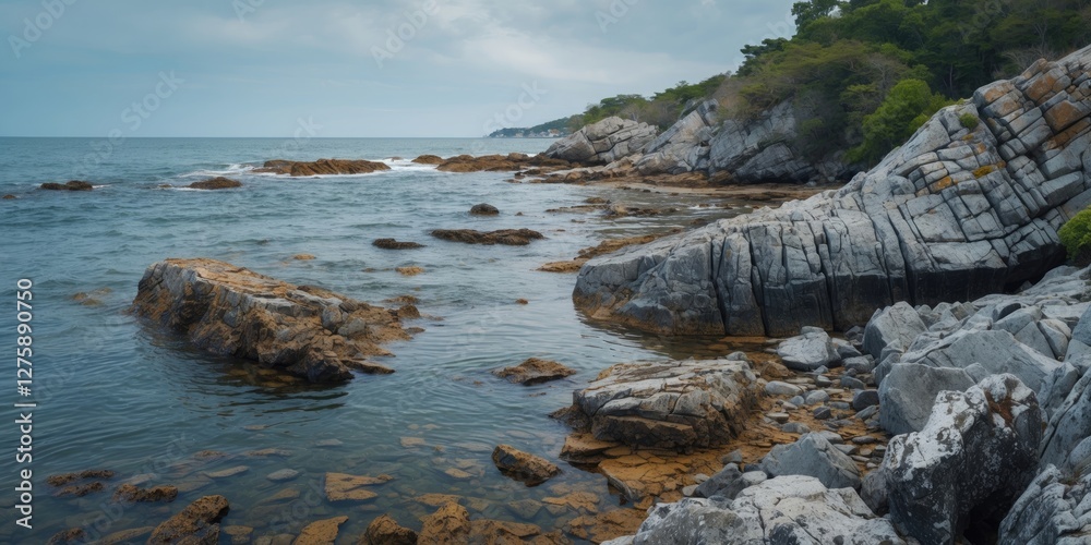 Serene Rocky Shoreline with Calm Waters and Lush Greenery Ideal for Nature-Themed Projects and Copy Space for Your Creative Text Serene Rocky Shoreline with Calm Waters and Lush Greenery Ideal for Nature-Themed Projects and Copy Space for Your Creative Text