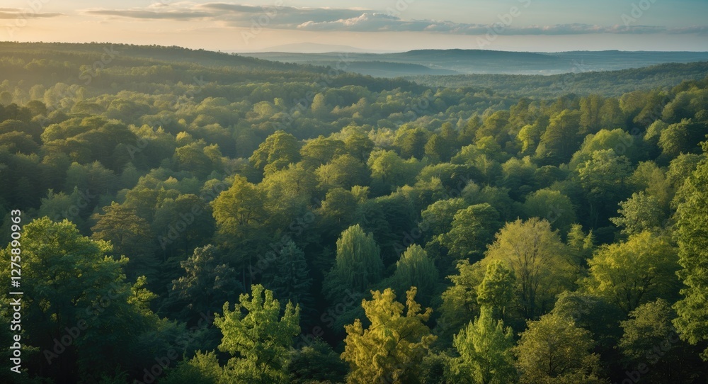 Obraz premium Lush Green Forest Landscape with Expansive View and Space for Text Integration in Tranquil Nature Setting