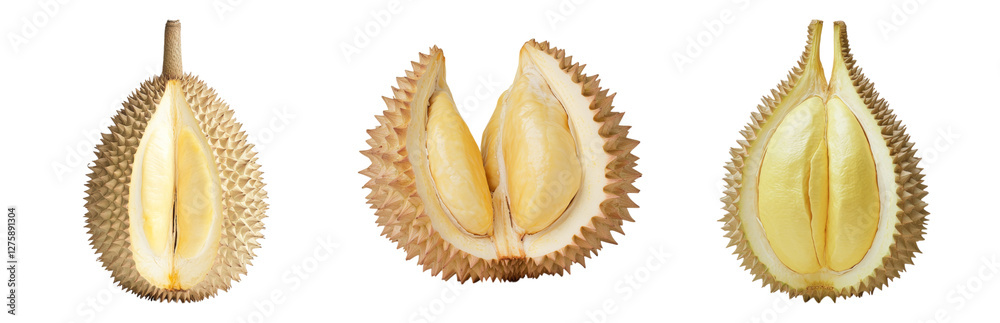 Fototapeta premium Fresh Durian Fruit Whole and Open, Exotic Taste Isolated on transparent background