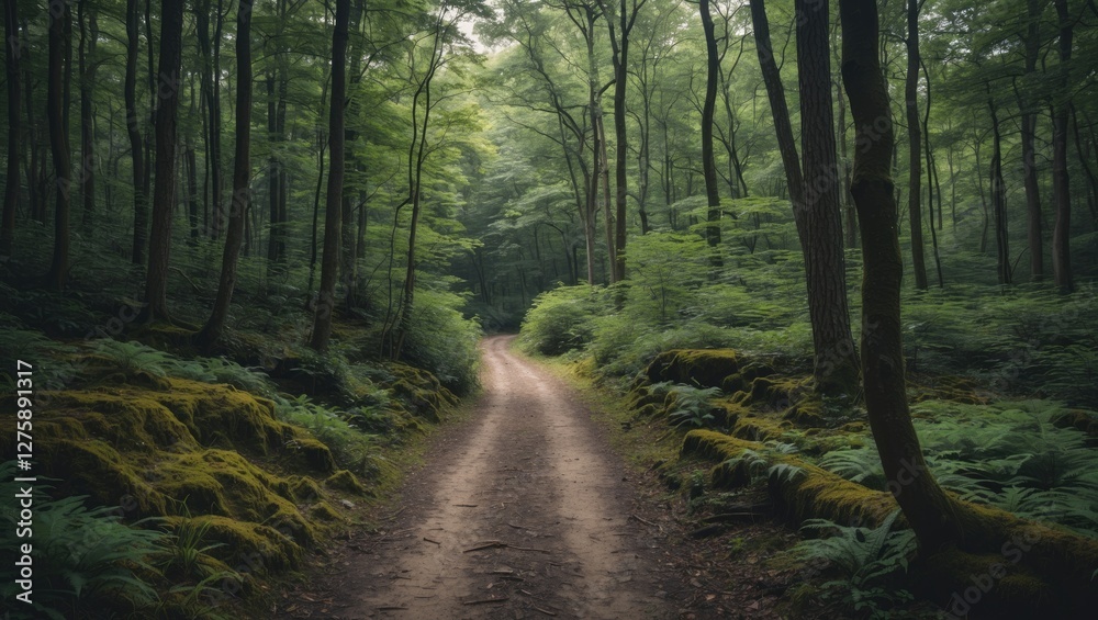 Fototapeta premium Serene Hiking Trail Through Lush Green Forest with Vibrant Foliage and Soft Pathway Inviting Nature Exploration and Adventure