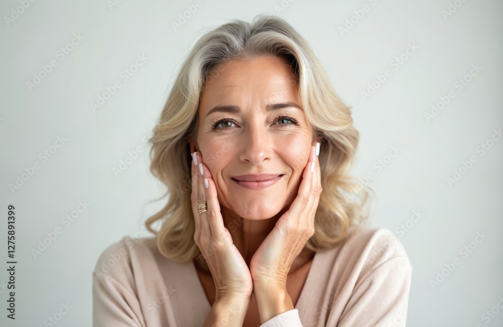 Aged woman touches face. Perfect skin, advertise facial anti-age, lift products, salon care, tighten skin. Isolated on white. Mature blonde lady looks at camera. Aged woman touches face. Perfect skin, advertise facial anti-age, lift products, salon care, tighten skin. Isolated on white. Mature blonde lady looks at camera.