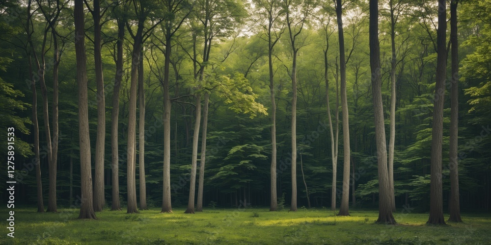 Obraz premium Lush Summer Forest with Tall Trees and Clear Copy Space for Text Ideal for Nature Backgrounds or Design Projects
