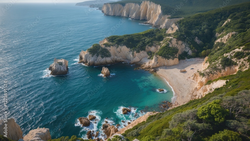 Fototapeta premium Stunning aerial view of Rocky Bay featuring dramatic cliffs, turquoise waters, and sandy beaches surrounded by lush greenery.