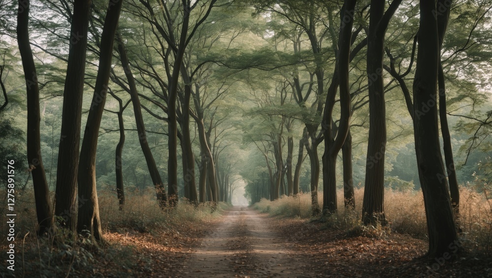 Obraz premium Tranquil Forest Pathway Surrounded by Lush Green Trees with Ample Space for Text and Scenic Natural Beauty in Soft Morning Light
