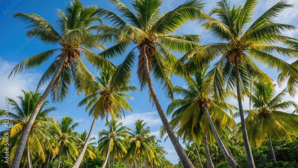 Tropical Paradise with Lush Palm Coconut Trees Under Clear Blue Sky in Scenic Landscape Tropical Paradise with Lush Palm Coconut Trees Under Clear Blue Sky in Scenic Landscape