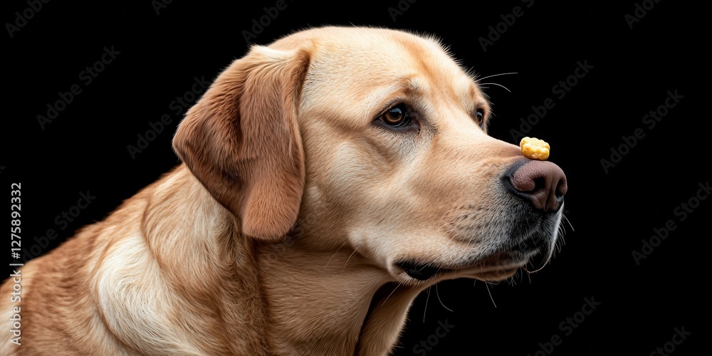 Dog Training Concept, A focused Labrador retriever balances a treat on its nose against a dark background, showcasing its patience and playful nature. Dog Training Concept, A focused Labrador retriever balances a treat on its nose against a dark background, showcasing its patience and playful nature.