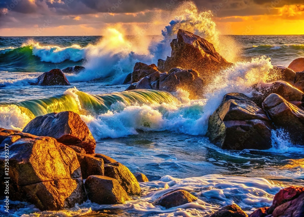 Fototapeta premium Ocean Rocks: Dramatic Coastal Scene with Rugged Cliffs and Waves