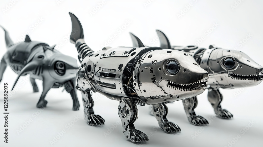 Fototapeta premium Mechanical animals, dog, cat, shark and bird robots. Vector cartoon set of futuristic mechanic pets, metal animals cyborgs, cute electronic machines isolated on white background