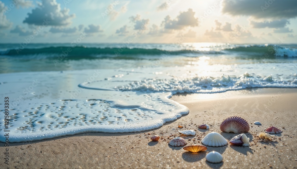Seashells on sandy beach with ocean waves and soft sunlight, serene coastal view Seashells on sandy beach with ocean waves and soft sunlight, serene coastal view