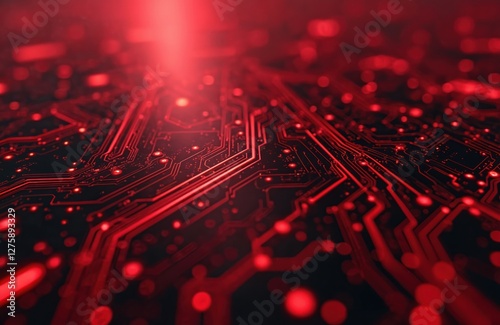 Red circuit board background features tech design. Digital illustration shows visual graphic, high tech element, futuristic electronic network and datum connections. Cyber technically abstract art.