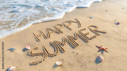 Happy Summer message written in sand on beach with waves