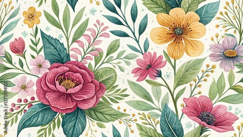 Wallpaper Mural Spring Floral Hand Drawn Print, Low Light Home Decor Photography, Botanical Illustration Torontodigital.ca