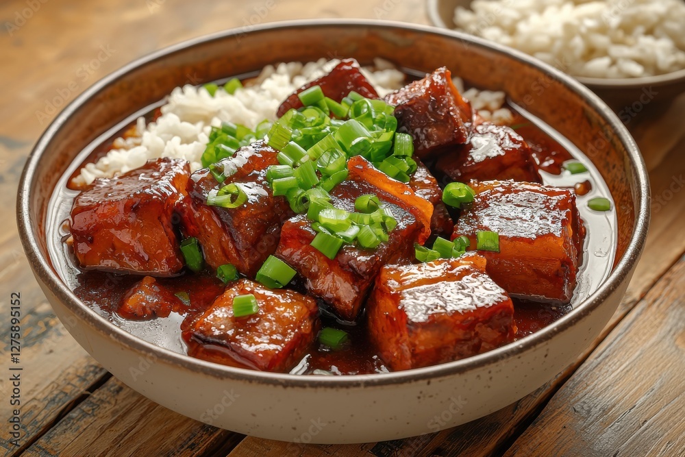 A delicious bowl of braised pork belly with fluffy white rice and fresh green onion garnish, showcasing culinary excellence and home cooking. A delicious bowl of braised pork belly with fluffy white rice and fresh green onion garnish, showcasing culinary excellence and home cooking.
