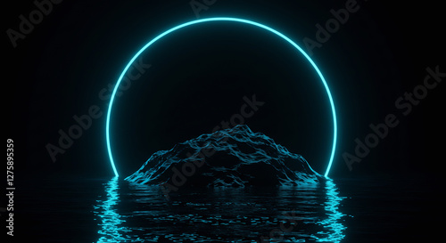  A futuristic night landscape featuring an abstract island, moonlight casting a serene glow