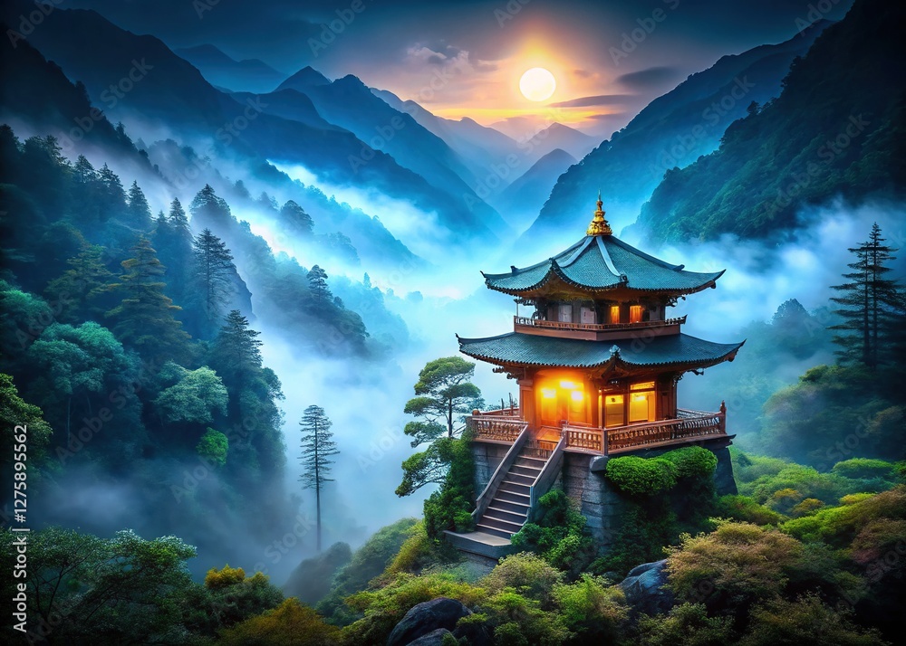 Obraz premium Mystical Moonlight Shrine in Misty Forest Valley