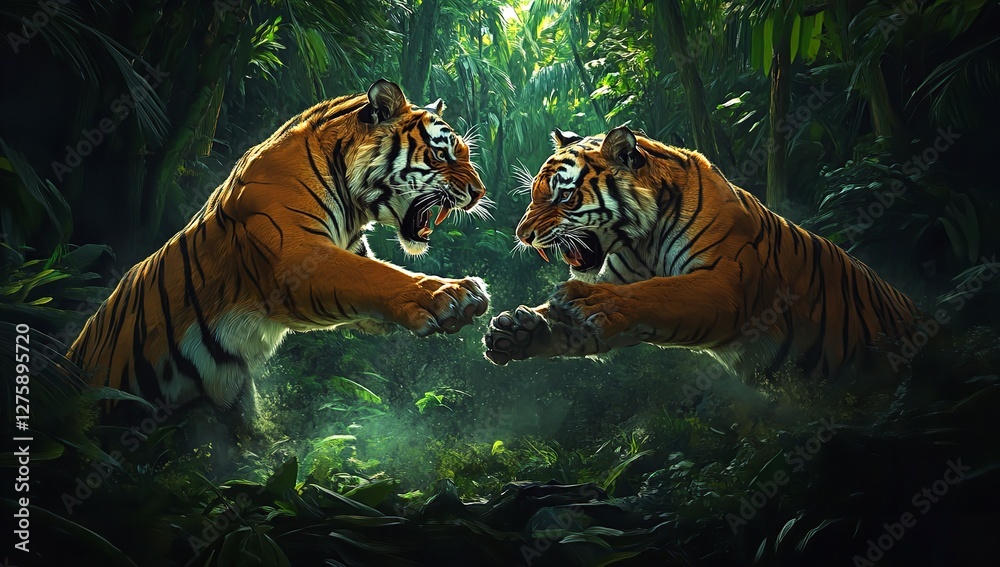 Two Majestic Tigers Confronting in Lush Green Jungle Dramatic Wildlife Scene Powerful Predators Intense Gaze Nature Two Majestic Tigers Confronting in Lush Green Jungle Dramatic Wildlife Scene Powerful Predators Intense Gaze Nature