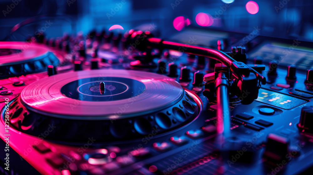 Obraz premium DJ Turntables with Glowing LED Lights in a Club