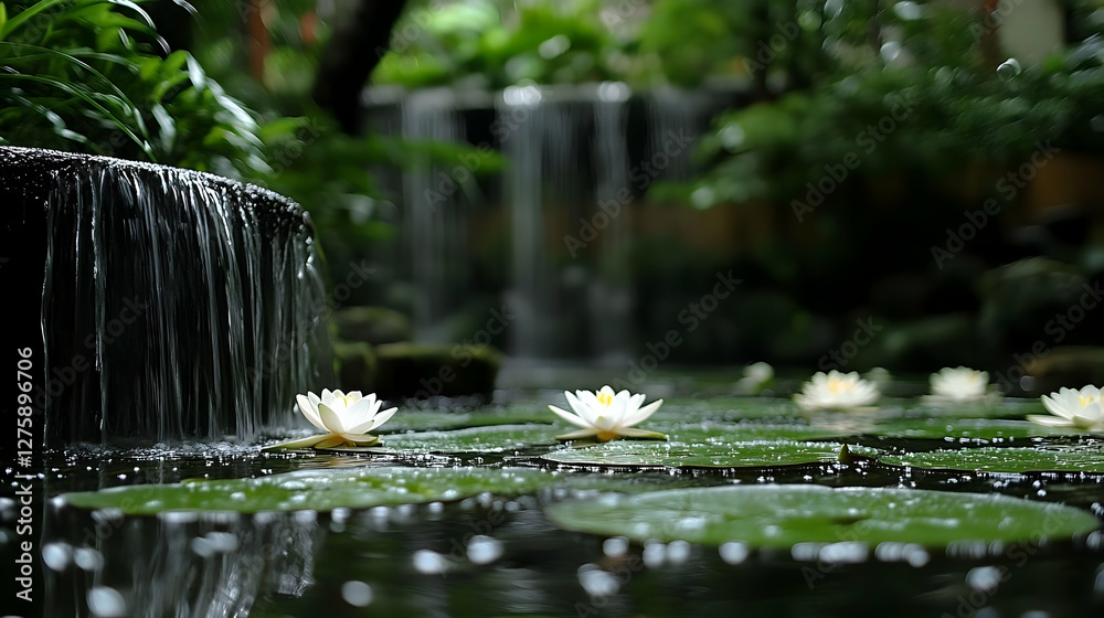 Serene Waterfall Oasis: White Water Lilies in Tranquil Pond Serene Waterfall Oasis: White Water Lilies in Tranquil Pond