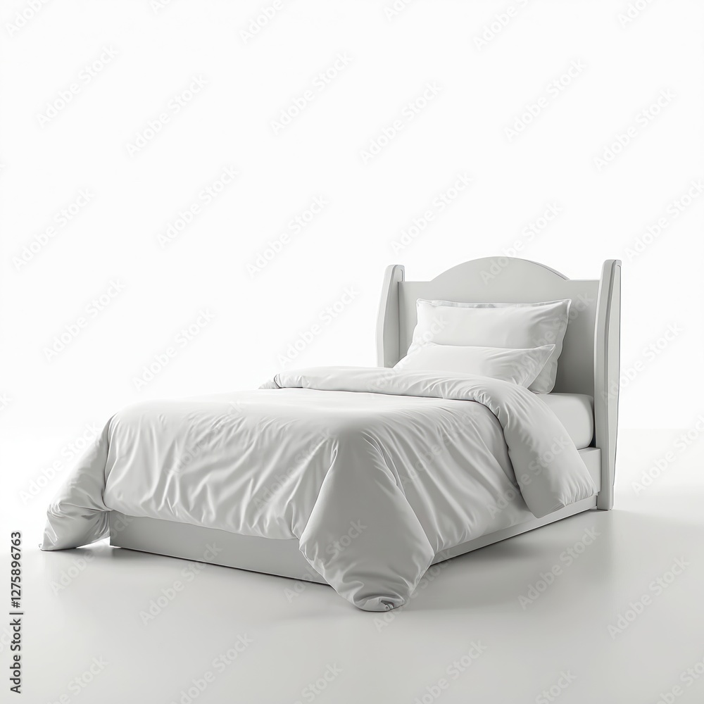 Obraz premium Modern single bed with white bedding isolated on white background. Bed includes mattress, blanket, pillows, sheets. Interior object for hotel, home, apartment. Minimalist room design.