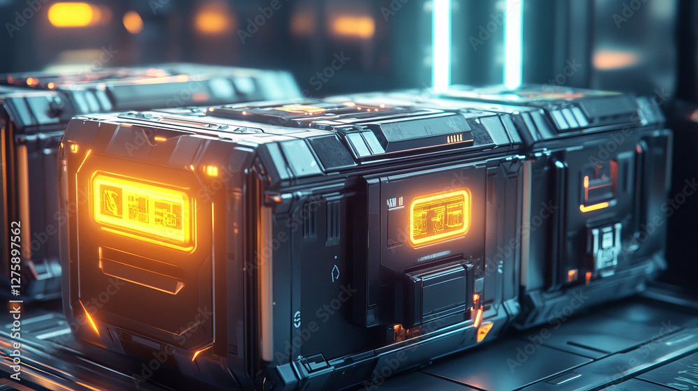 Game futuristic boxes, future technology chests. Icons of sci-fi equipment, loot boxes with electronic lock and display with neon light, vector cartoon illustration isolated on background Game futuristic boxes, future technology chests. Icons of sci-fi equipment, loot boxes with electronic lock and display with neon light, vector cartoon illustration isolated on background