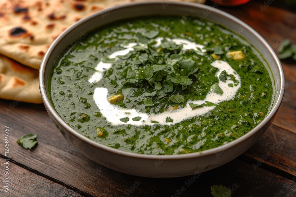 A delightful bowl of Palak Paneer, a creamy Indian spinach curry, garnished with fresh herbs and a swirl of cream, served with soft naan bread on rustic wooden table. A delightful bowl of Palak Paneer, a creamy Indian spinach curry, garnished with fresh herbs and a swirl of cream, served with soft naan bread on rustic wooden table.