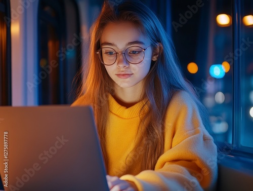 Amidst the gentle sway of the train, a young freelancer immerses herself in her work, bathed in the warm glow of her laptop screen A symphony of clicks and keystrokes fills the air as she navigates