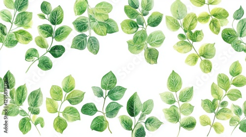 Watercolor painting of lush green leaves, perfect for spring designs. Ideal for adding a fresh, natural feel to websites, cards, and invitations.