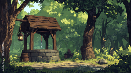 Cartoon medieval well with roof in deep forest game background. Summer scene illustration in trees with fount of drinking water. Outside fairytale landscape with bucket and vintage lantern. photo
