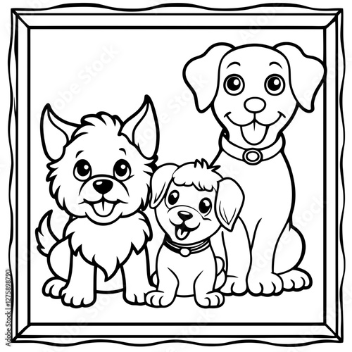 Adorable Puppies Illustration: A charming black-and-white illustration of three cute puppies, radiating innocence and joy, capturing the essence of canine companionship. 