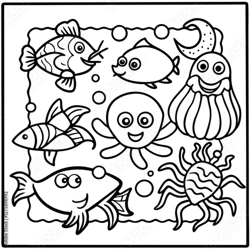 Ocean Life Coloring Page: An engaging black and white illustration of various marine creatures, perfect for coloring and creative exploration. This scene is set to ignite the imagination.