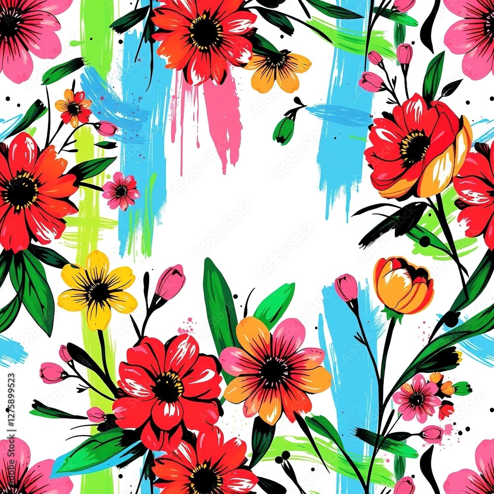 Fototapeta premium Springtime Canvas: Paintbrush Strokes Dance on a Floral Tapestry