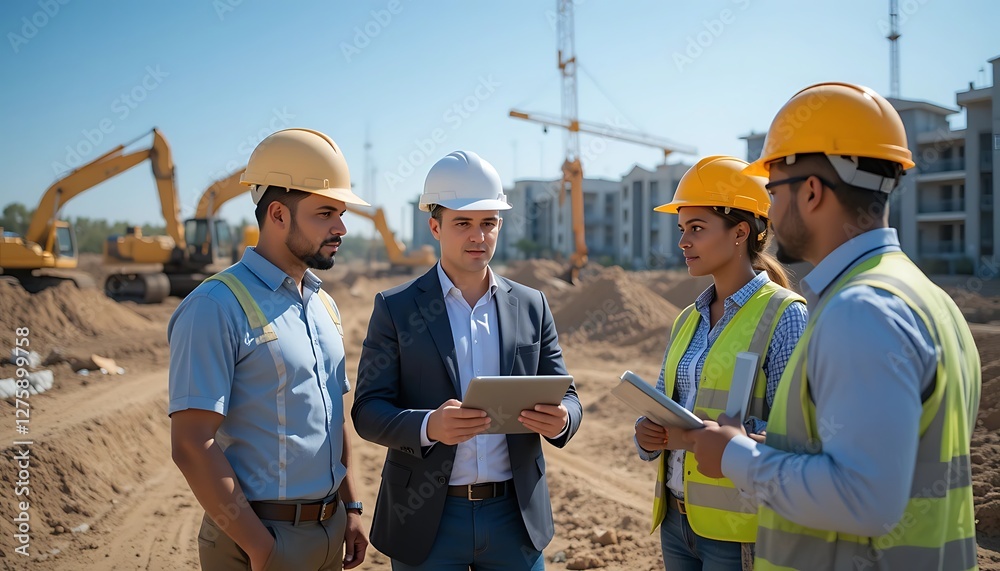 Construction Site Meeting Diverse Team of Engineers and Architects Discussing Project Plans Construction Site Meeting Diverse Team of Engineers and Architects Discussing Project Plans