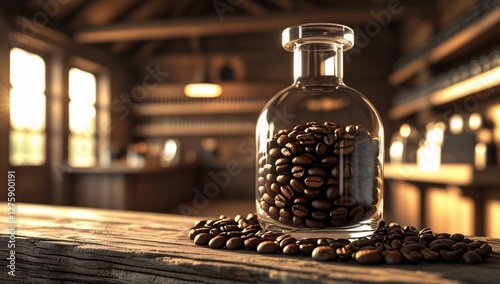 coffee, coffee beans, seeds, brown, coffee in a jar, coffee beans in a jar, jar, glass jar, glass jar, coffee beans in a jar, illustration, background, wooden room, wooden bar, sunlight, shine, scienc photo