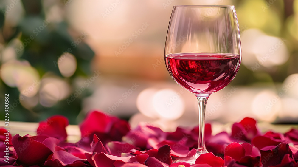Elegant Red Wine Glass with Rose Petals for Romantic Celebrations, Perfect for Valentine's Day or Anniversary Elegant Red Wine Glass with Rose Petals for Romantic Celebrations, Perfect for Valentine's Day or Anniversary