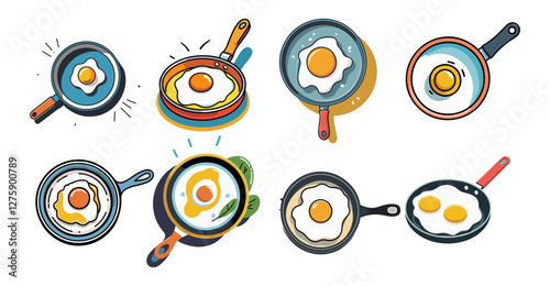 Sets icon collection of colorful illustrations fried eggs in various frying pans, each with unique designs and vibrant colors, highlighting diverse cooking styles