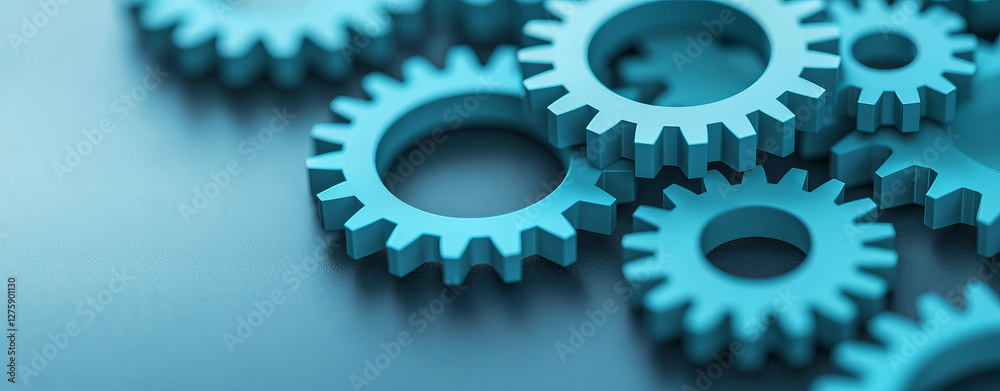 Blue gears arranged on surface, symbolizing interconnected mechanisms and teamwork Blue gears arranged on surface, symbolizing interconnected mechanisms and teamwork