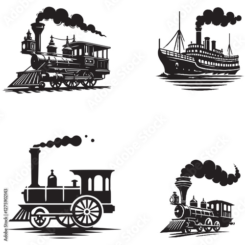 High-Quality Vector Silhouette of a Tramp Steamer on White Background"