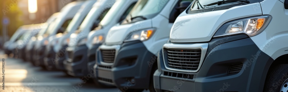 Parked white commercial vans row with visible headlamps in city. Urban transportation fleet for logistic, shipping, courier business, cargo distribution, service or freight automotive industry. Parked white commercial vans row with visible headlamps in city. Urban transportation fleet for logistic, shipping, courier business, cargo distribution, service or freight automotive industry.