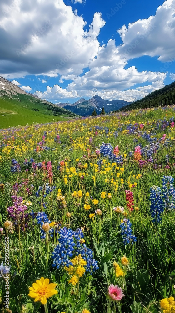 Obraz premium A meadow filled with colorful wildflowers under a vibrant blue sky