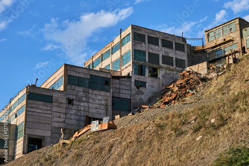 Old cascade factory building in Ak-Tyuz, Kyrgyzstan. Now abandoned, a military-industrial facility from the Soviet Union. Lead enrichment, Concentrating plant photo