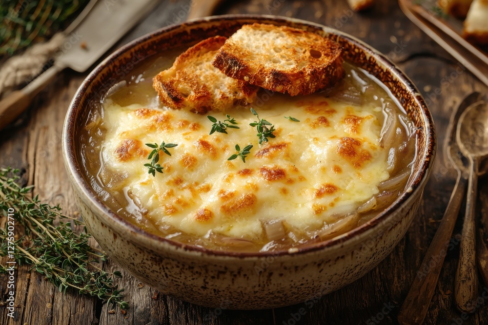 French Onion Soup with Melted Cheese and Toasted Bread in a Rustic Bowl on a Wooden Table, Garnished with Fresh Thyme, a Cozy Winter Dish. French Onion Soup with Melted Cheese and Toasted Bread in a Rustic Bowl on a Wooden Table, Garnished with Fresh Thyme, a Cozy Winter Dish.