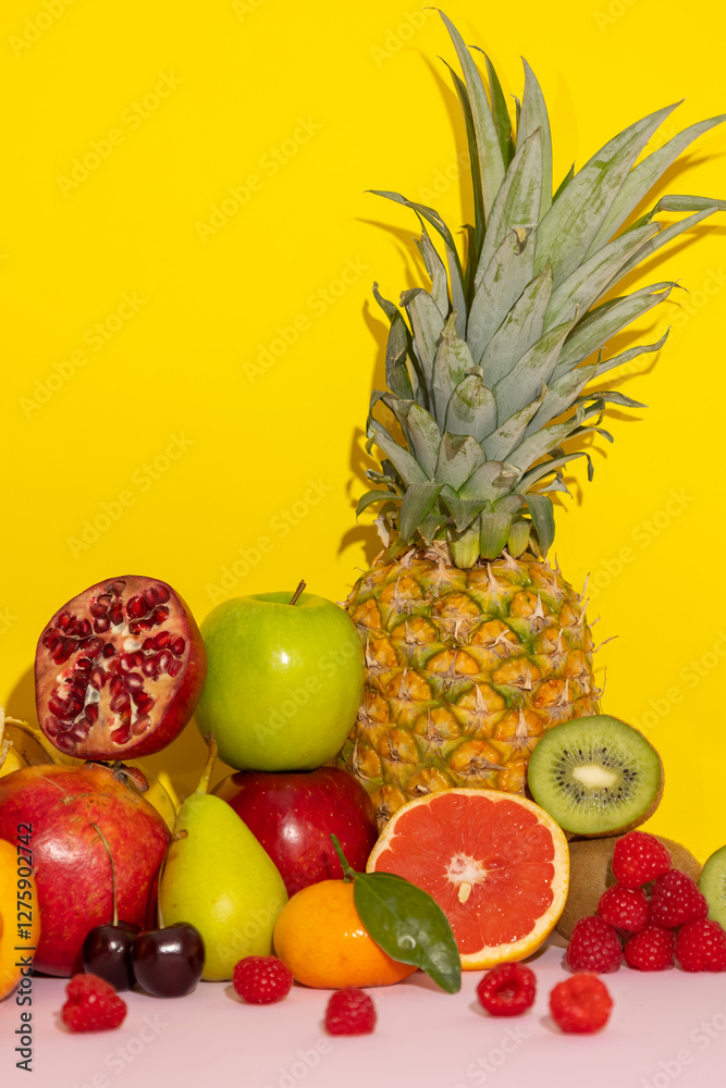 Vertical image of colorful tropical fruits on a yellow background with pink,pineapple,banana,kiwi,grapes,peach,pear,apple,raspberry,cherry,pomegranate,tangerines,grapefruit. healthy food Vertical image of colorful tropical fruits on a yellow background with pink,pineapple,banana,kiwi,grapes,peach,pear,apple,raspberry,cherry,pomegranate,tangerines,grapefruit. healthy food