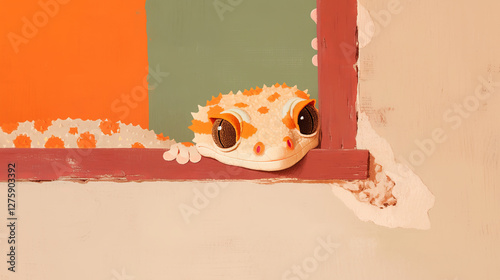 Tokay gecko peeks out from colorful summer wall, showcasing its vibrant colors and unique features