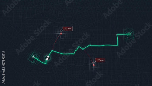 Abstract navigation plan on city map. Concept of shortest path to the goal. Map with intended goal and several paths to destiny. Vector illustration