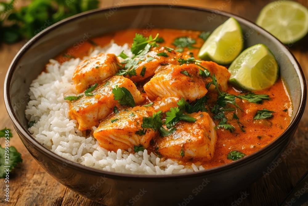 A delicious and flavorful Indian fish curry served over a bed of white rice, garnished with fresh cilantro and lime wedges, presented in a rustic ceramic bowl. A delicious and flavorful Indian fish curry served over a bed of white rice, garnished with fresh cilantro and lime wedges, presented in a rustic ceramic bowl.