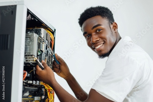 Smiling Technician Repairing Computer Tower photo