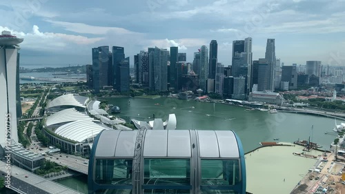 A Scenic view of Singapore’s Marina Bay area, taken from the Singapore Flyer capsule. the Marina Bay Financial Centre, and the waterfront promenade. 